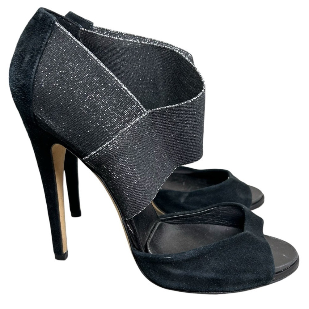 DVF Diane von Furstenberg Black Suede Glitz Ankle Strap Stiletto Heels 7 B Italy - Picture 6 of 12